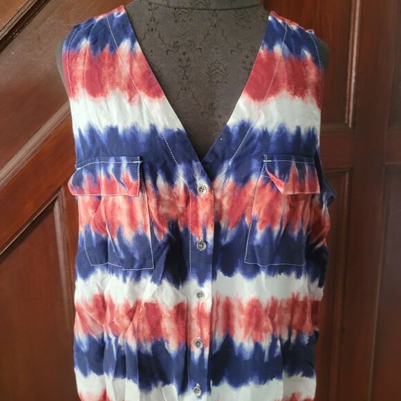 Rock & Republic Womens Tie-Dye Button-Down V-Neck Tank Top - Red White & Blue - - Picture 2 of 6